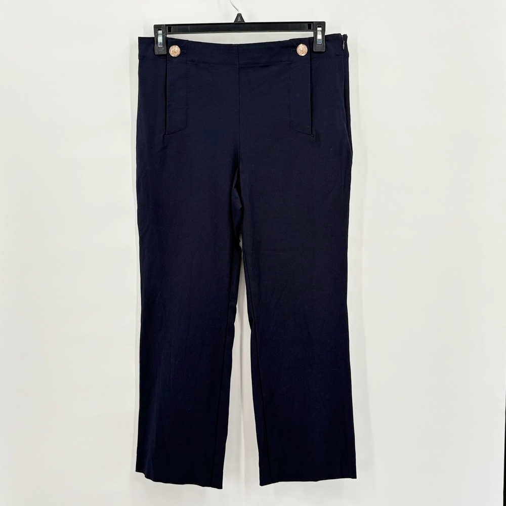 Ann Taylor Navy Blue Sailor Pants Gold Crest Buttons Side Zip Straight Leg 12
